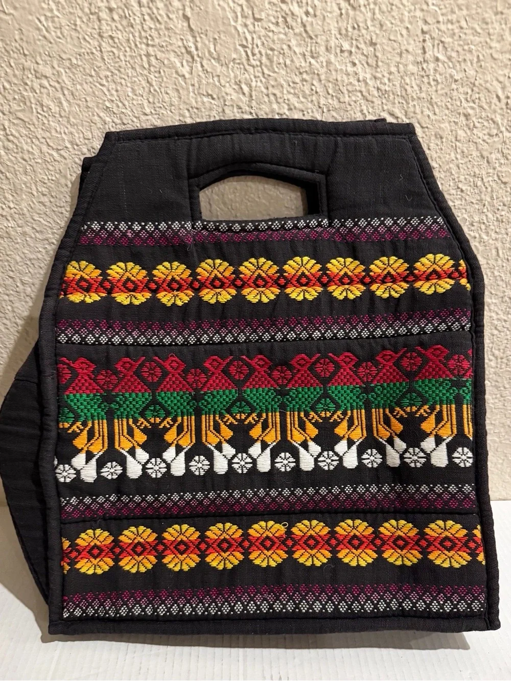 Women’s Black Embroidered Woven Handbag Ethnic Boho Top Handle Purse Zip Closur